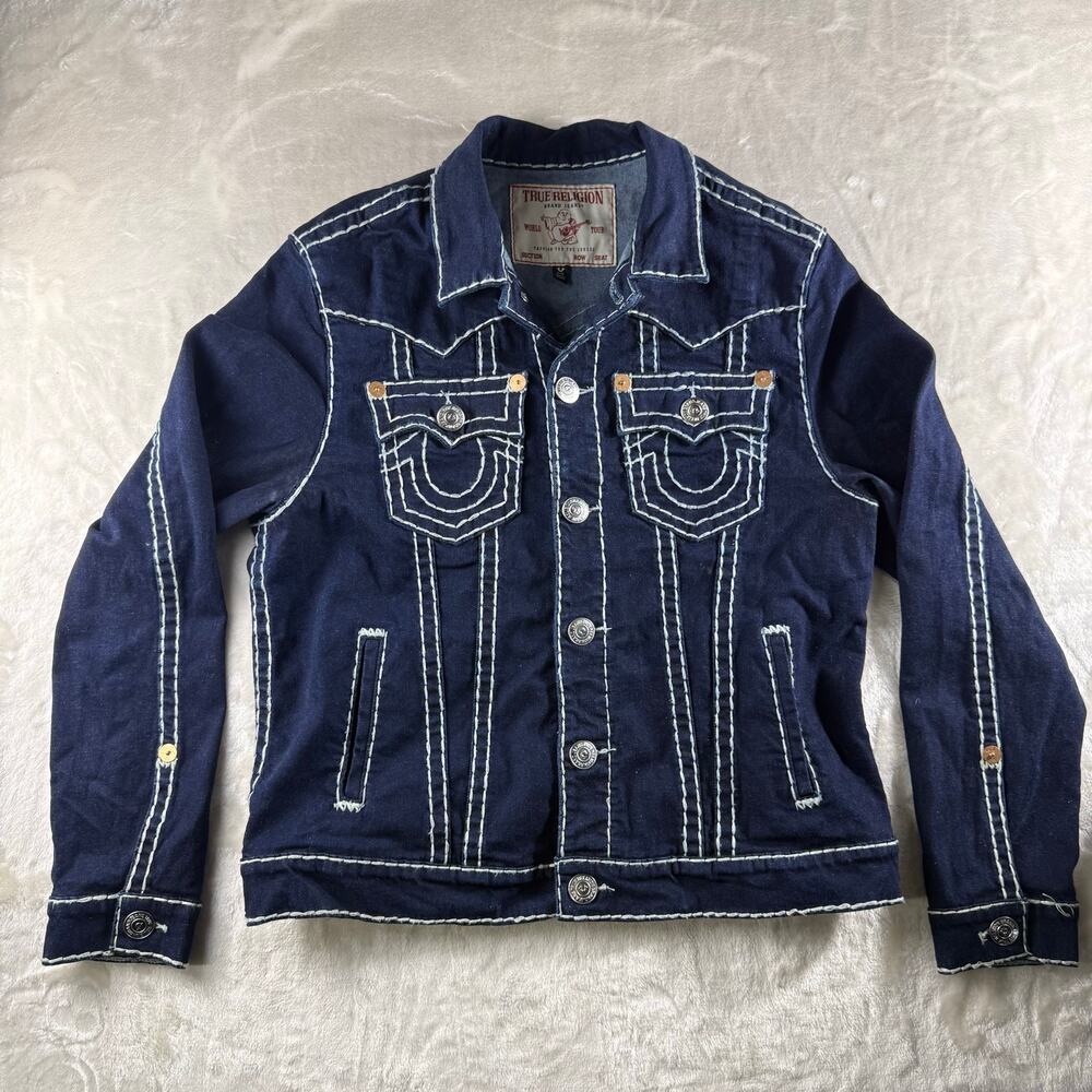 True Religion Jimmy Super T Denim Jacket Men's Size Large Blue w/ White Thread